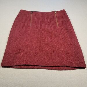 LOFT Textured Tweed Mini Skirt Burgundy Cotton Blend Double Zip Feature Size 2